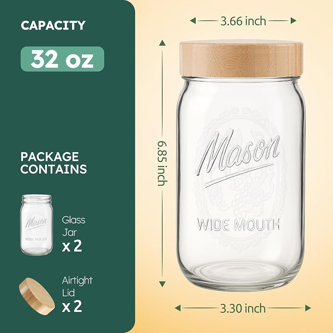 2 Pack Mason Jars 32 oz, Wide Mouth Glass Jars with Bamboo Airtight Lids for Food Storage, Snacks, Meal Prep & Lunch Leakproof