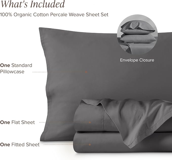 Bare Home 100% Organic Cotton Twin Sheet Set - Crisp Percale Weave - Lightweight & Breathable - Bedding Sheets & Pillowcases (Twin, Grey)
