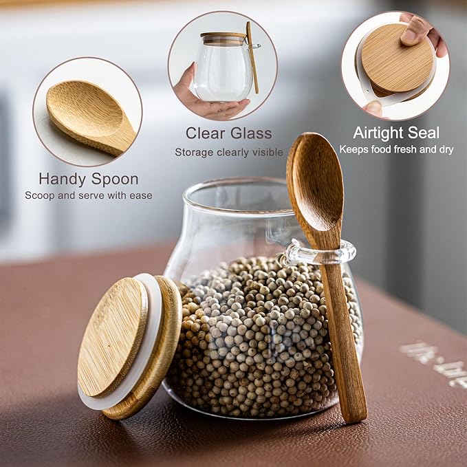 Airtight Glass Food Storage Jars with Bamboo Lid and Spoon - Wide Mouth Leak Proof Kitchen Canisters for Coffee Beans,Tea Leaves,Cereal,Flour,Nuts,and Pantry Organization (16oz 4PCS)