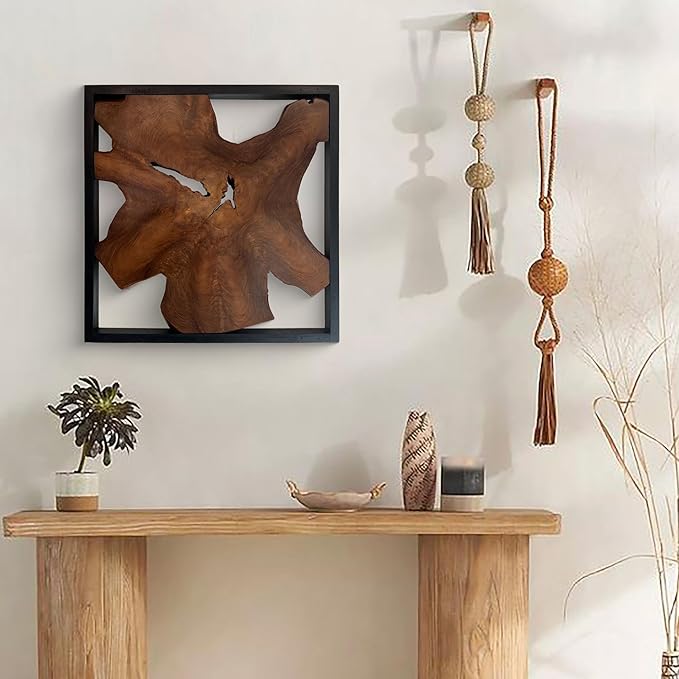 Warmaxx Rustic Teak Wood Wall Art 27.8"L x 27.8"W x 2.3" Thickness Farmhouse Framed Wall Art Aesthetic Decoration Square Home Office Dorm Handmade Freeform Pattern Natural Wall Décor Living Room Bedroom Hallway
