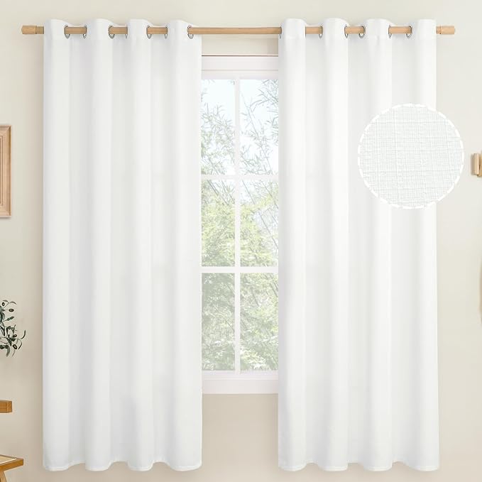 LAMIT White Linen Curtains 72 inch Long for Bedroom, Grommet Thick Light Reducing Thermal Light Filtering Curtains Window Panels for Living Room/Farmhouse, Set of 2 Panels, W52 x L72