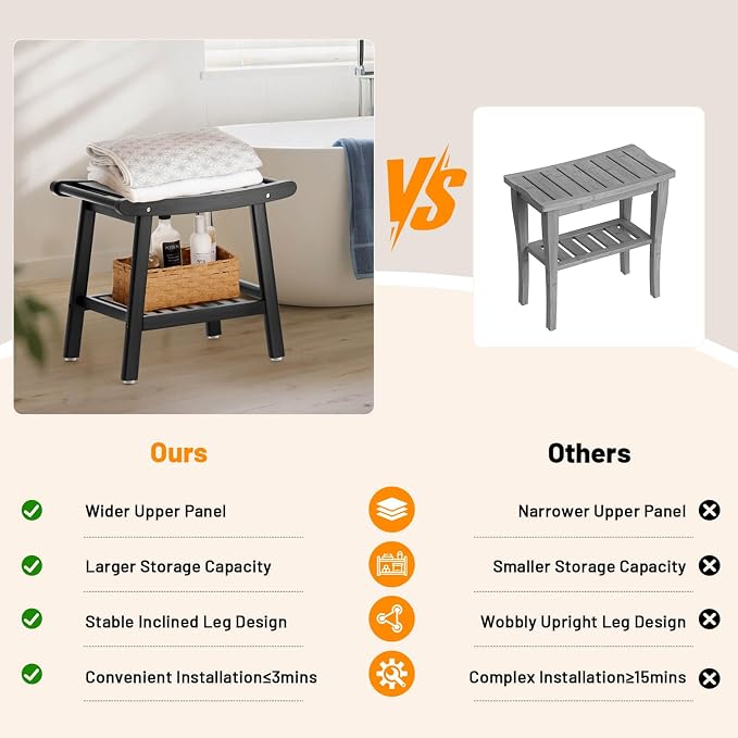 Bamboo Shower Bench Stool, Shower Chair for Inside Shower with 2-Tier Storage Shelf, Waterproof Shower Seat for Shaving Legs, Spa Bathroom Shower Bench-Black