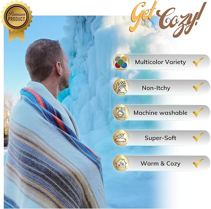 Alpaca Wool Throw Blanket | Warm, Ultra-Soft, 85" x 65" | Breathable, Non-Itchy Blanket-Throw | Hypoallergenic and Beautiful Fabric (Blue & Orange)