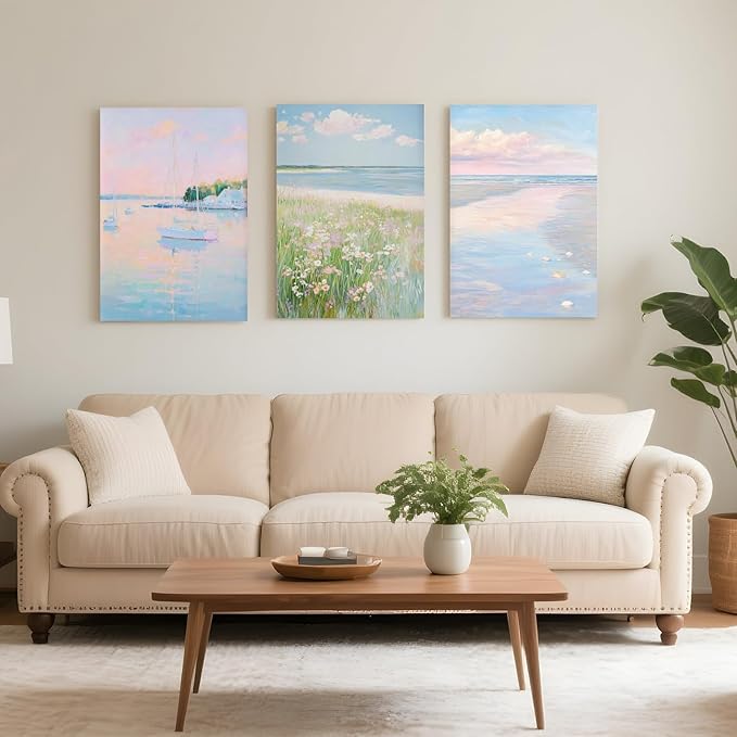 HUYKON Coastal Pink Wall Art Set of 3 Maximalist Ocean & Beach Landscape Canvas Poster Trendy Sailboats Flowers Sunset Painting Pastel Picture Prints for Bedroom Home Decor 16x24inch Wrapped Frame