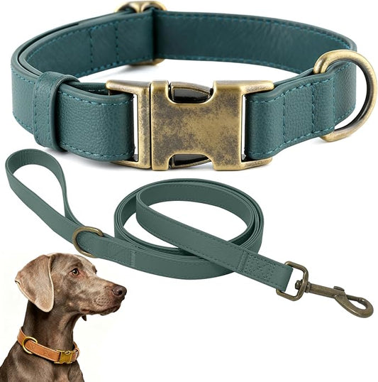 Dog Collar and Leash Set,Leather Silicone Waterproof Odor-Proof Dog Collar and Leash for Medium Dogs, Soft Flexible Dog Collars, Durable Thick Adjustable Pet Collar (Green, Medium (12.5-20 "Neck))