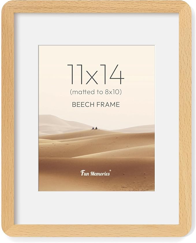 Fun Memories 11x14 Picture Frame - Solid Beech Wood 11x14 Frame with Mat for 8x10 Photos, 11 By 14 Poster Wood Wall Frame, Horizontal or Vertical Wall Mounting, Natural Beech