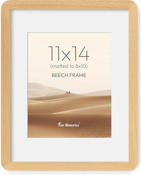 Fun Memories 11x14 Picture Frame - Solid Beech Wood 11x14 Frame with Mat for 8x10 Photos, 11 By 14 Poster Wood Wall Frame, Horizontal or Vertical Wall Mounting, Natural Beech