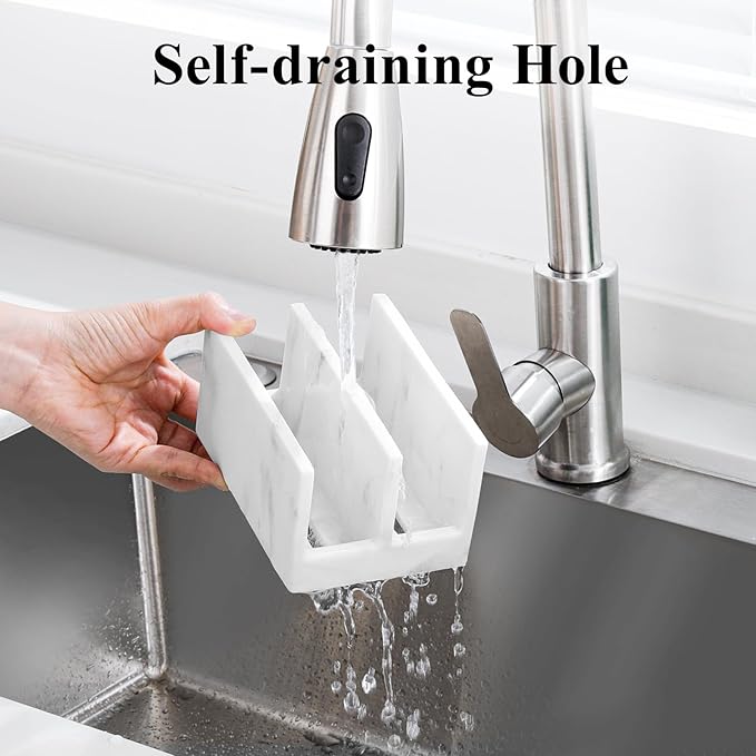 Luxspire Kitchen Sponge Holder, Dish Sponge Holder with with Drain Tray, Marble Sponge Holder for Kitchen Sink, Kitchen Sink Caddy 2 Compartments, Gravel White