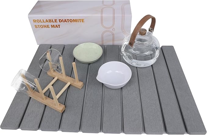 Diatomaceous Earth Dish Drying Mat - Large Quick Drying Stone Mat for Kitchen Counter & Sink, 23.2"x15.4" Absorbent Non-Slip Drying Pad for Dishes, Fast Drain Gray Diatomite Tray with Rounded Corners
