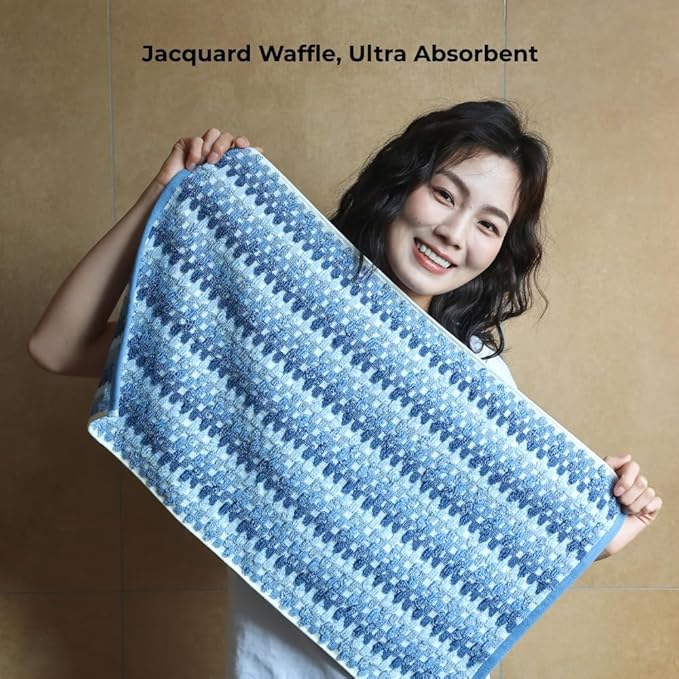 Premium Luxury Waffle Weave Cotton Towel Set - 160g Hand Towel & 650g Oversized Bath Towel (30"x60") - Ultra Absorbent, Quick-Dry, Soft Textured Jacquard (Sea Salt Blue)