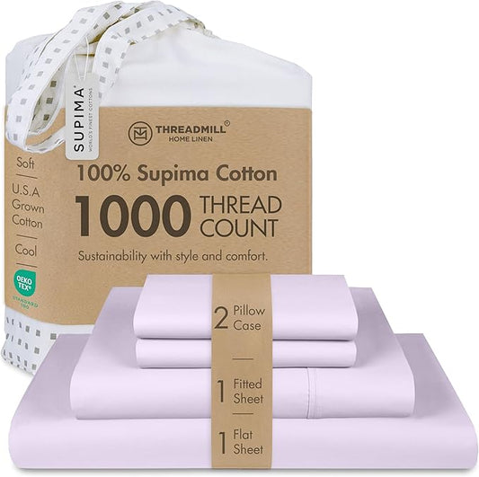Threadmill Luxury Full Size Sheets for Full Size Mattress, 1000 Thread Count Supima Cotton Sheets for Full Mattress, 5-Star Hotel Quality 4 Piece Bed Sheets with Extra Deep Pocket, Lilac
