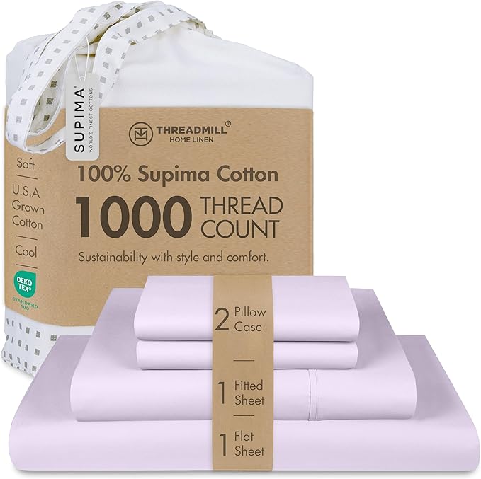 Threadmill California King Sheets, Certified American Supima Cotton Sheets, 1000 Thread Count Hotel Quality, 4 Piece Luxury Bed Sheets Set with Elasticized Extra Deep Pocket, Lilac