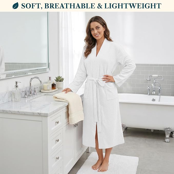 PAVILIA Womens Waffle Knit Robe Lightweight Cotton Blend Full Length House Bathrobe with Pockets