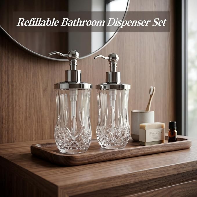 2 Pack 9 Oz Glass Soap Dispenser with Rust Proof Stainless Steel Pump,Clear Round Textured Refillable Hand Soap Dispenser with Vertical Fluting for Lotion,Hand Soap or Body Wash for Kitchen & Bathroom