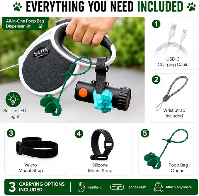 Dog Poop Bag Holder with Rechargeable LED Flashlight – Quick-Silicone Finger Grip Bag Opener, Hands-Free Dispenser with Silicone & Velcro Straps & Hand Strap – Fits Any Leash for Easy Dog Walking