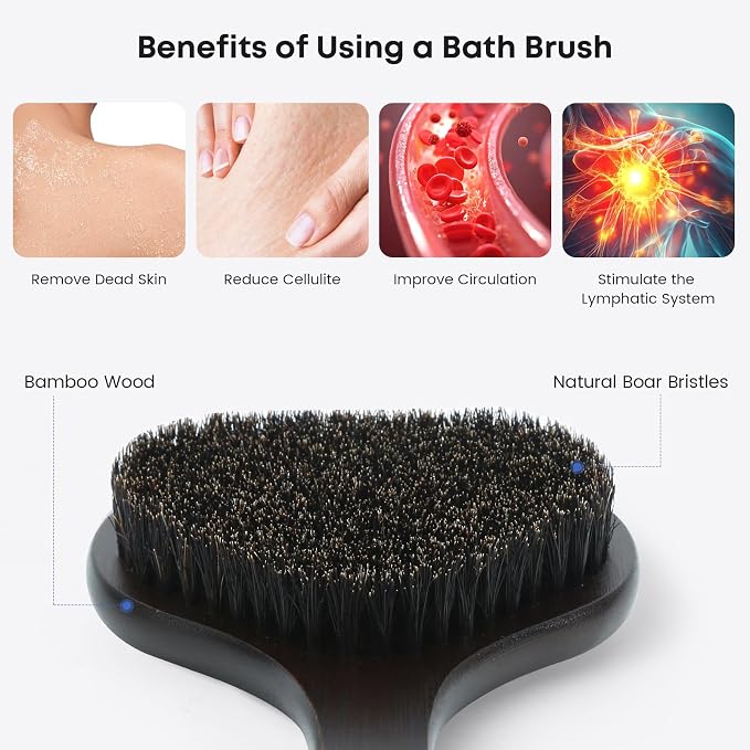eaxun Bamboo Back Scrubber with Curved Long Handle, 17.3 Inches Exfoliating Shower Brush with Stiff Bristles for Men and Women, Back Washer Body Exfoliator for Bath or Dry Brushing