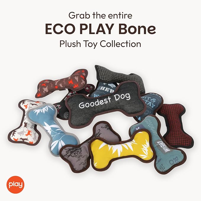 P.L.A.Y. Stuffed Dog Toys, ECO Bones - Extra Durable Squeaker Chew Toy, Great for Teething Puppies & Small, Medium, Large Dog Breeds - Machine Washable, Recycled Materials (Scout & About, Small)