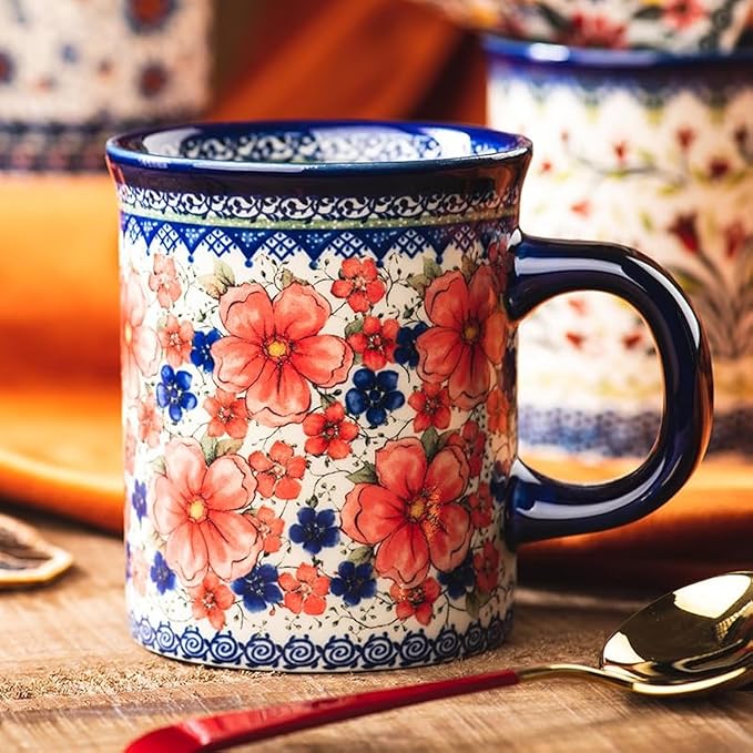 Pottery Coffee Mug,14oz, Hand Painted Ceramic Tea Cups with Unique Design for Hot or Cold Drinks (Snow Ink Plum)