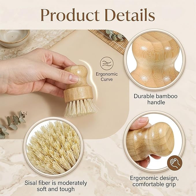 6 Pcs Bamboo Dish Brush, Wooden Kitchen Dish Brushes Natural Sisal Bristle Scrubber for Pots, Pans, Bowls, Dishes Cleaning
