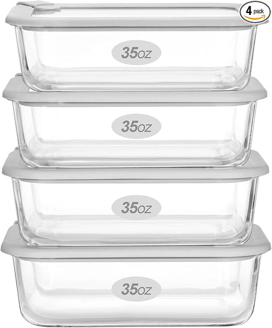 Glass Food Containers with Glass Lid, Microwave Safe Food Storage Container Set, 4 Pack of 35oz, Large Size Airtight Storage Set with Leak Proof Lids, Meal Prep Containers