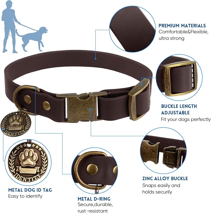 Wisedog Waterproof Dog Collar and Leash Set, Large, Brown | Adjustable Puppy Collar, Cute Tag, 5FT Leash, Includes Poop Bag, For Small Medium Large Dogs