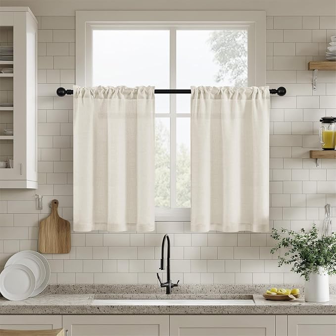 Linen Curtains Kitchen RV Campers Cafe Window 24 Inches Long 2 Panels Rustic Dual Rod Pocket Semi Sheer Curtains & Drapes Privacy Assured with Light Filtering for Farmhouse Natural W25 x L24