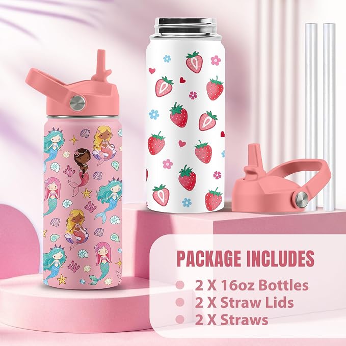 16 oz Water Bottle with Straw Lid, 2 Pack Set, Strawberry Mermaid Gifts for Girls, Stainless Steel Insulated Water Bottles for School Travel Outdoor Sports, Pink Cups Birthday Gifts
