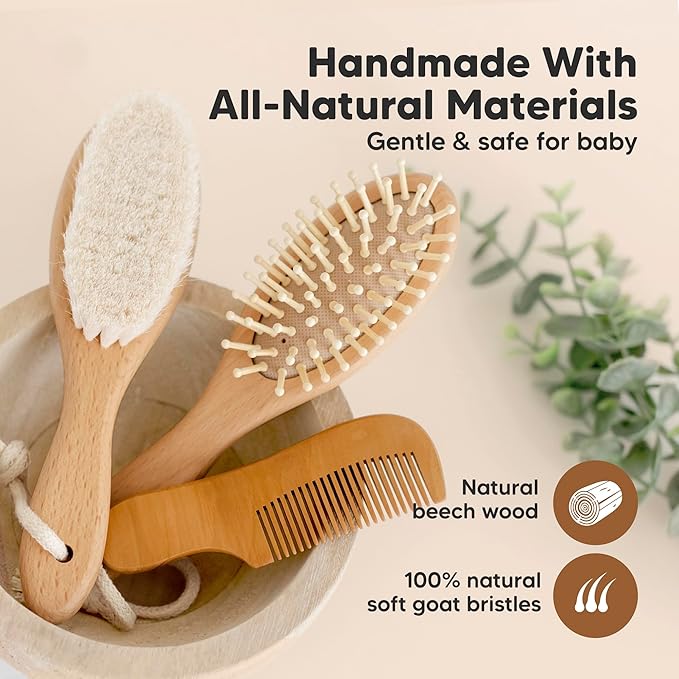 KeaBabies Baby Hooded Towel and Baby Hair Brush and Comb Set - Soft Bath Towels with Hood for Toddlers, Wooden Brush with Soft Goat Bristle for Girls, Boys, Toddlers