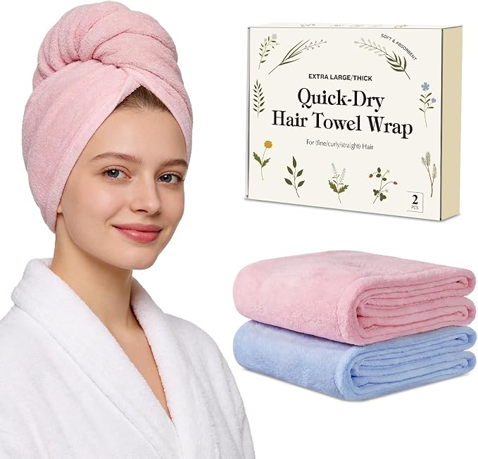 Microfiber Hair Towel Wrap for Women, Large Fast Drying Hair Towel Turban, Double Stitched Edges & Stay in Place No Slip Design for Curly Long Wet Hair(Pink/Blue)