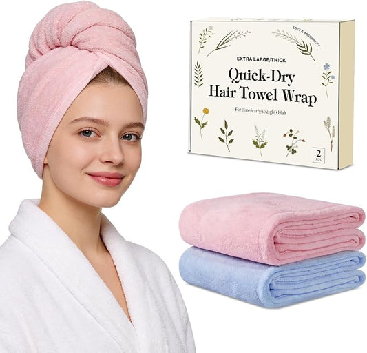 Microfiber Hair Towel Wrap for Women, Large Fast Drying Hair Towel Turban, Double Stitched Edges & Stay in Place No Slip Design for Curly Long Wet Hair(Pink/Blue)