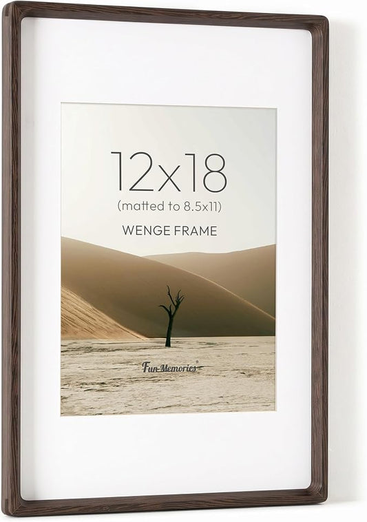 Fun Memories 12x18 Poster Frame, Natural Wenge Wood Picture Frame with HD Tempered Glass, Handcrafted Rounded Corner 12 x 18 Wooden Frames Matted to 8.5x11 Photos, Horizontal or Vertical Wall Display