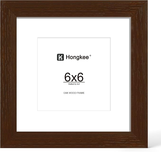Hongkee 6x6 Oak Wood Picture Frame 1 Pack(Matted 4x4) with Real Glass Cover | Walnut, 6 x 6 Solid Wood Frame for Wall or Tabletop Display - Includes Easel Back, Vertical Hang - Ideal for Home, Office