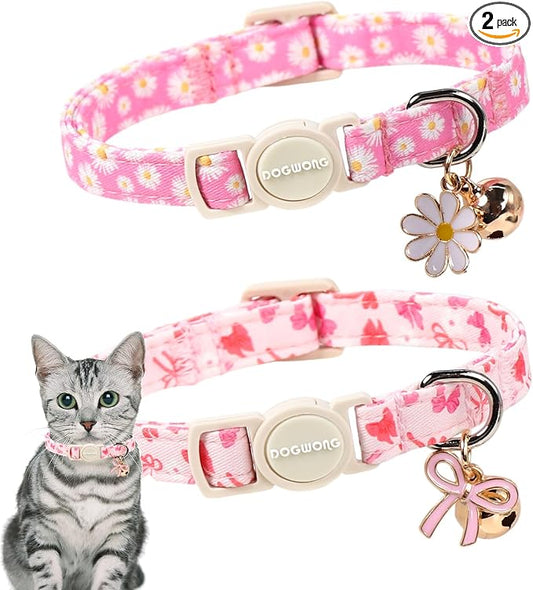 2 Pack Pink Floral Cat Collars Breakaway with Bell, Safety Buckle Daisy Cat Collar for Girl Cats and Small Dogs，Adjustable 7-12 Inch,Pet Supplies Accessories