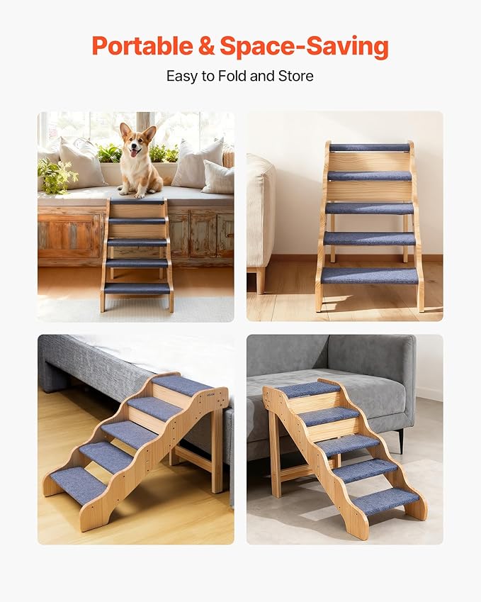 VEVOR Wood Pet Stairs, 5-Step Dog Stairs for High Beds, Sofa & Cars, 150lbs Load Capacity, Non-Slip Surface, Stable Cat & Dog Step Ladder for Small Medium Large Older Pet Puppy Essentials