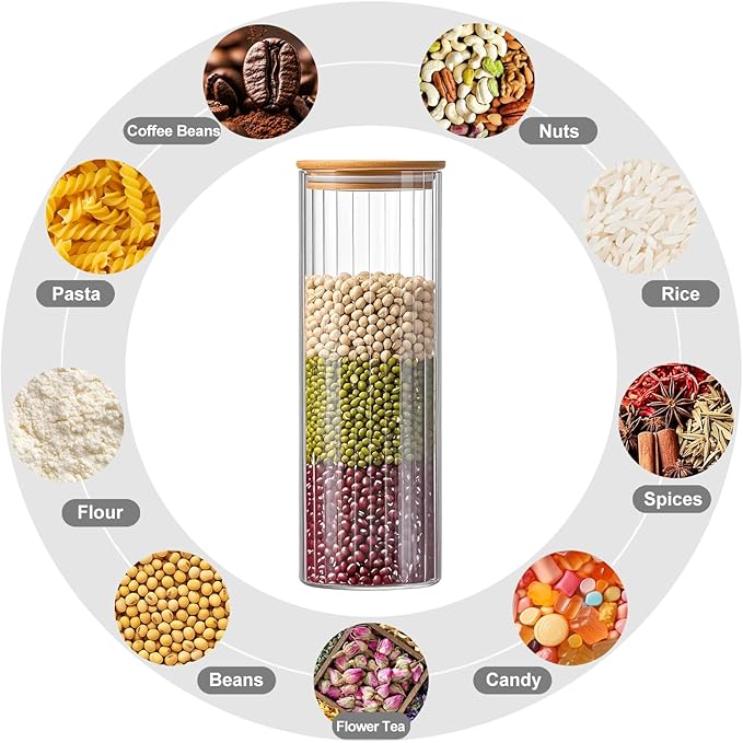 1.7L/57.49Oz 3 Pack Glass Food Containers with Lids - Storage Jars with Bamboo Lids Airtight - Kitchen Storage Glass Jars for Spaghetti Nuts Cereal Flour