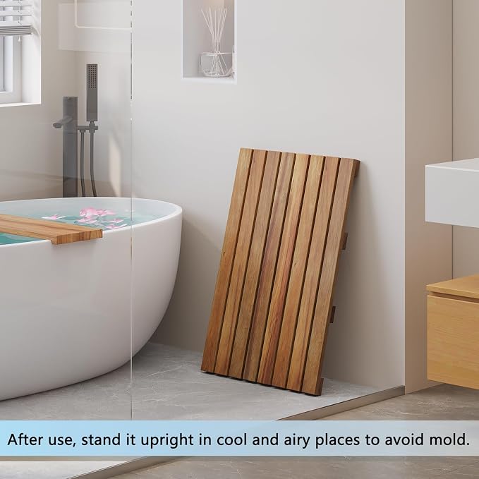 Solid Acacia Wood Shower Mat, Non Slip Bathroom Mat (26“×17", Large) Sturdy Floor Mat for Spa Home or Outdoor Shower, Easy to Clean, Quick Drying