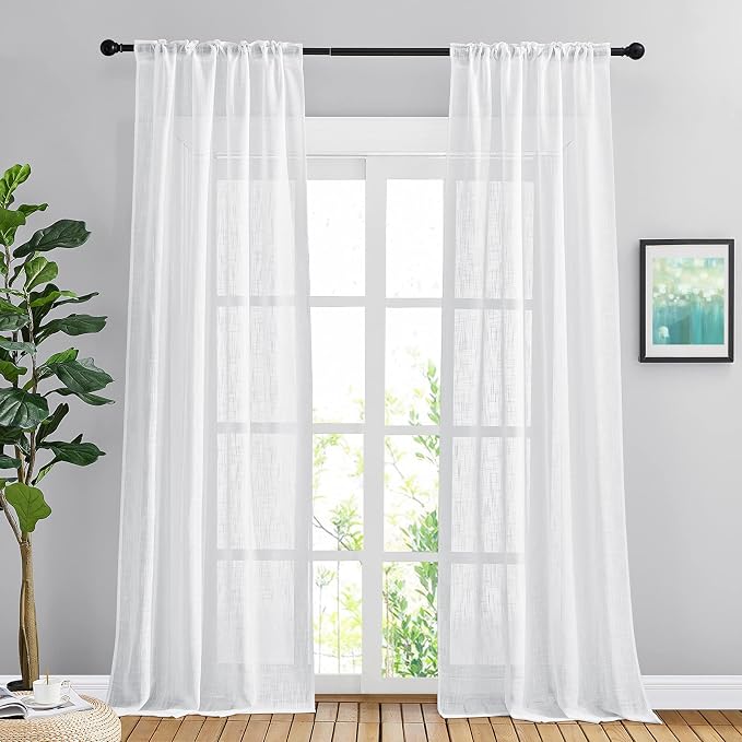 NICETOWN White Linen Sheer Bedroom Curtains 90 inches Long, Rod Pocket & Back Tab Semi Sheer Privacy with Light Filtering Bedroom Window Treatments for Farmhouse, W42 x L90, 2 Panels