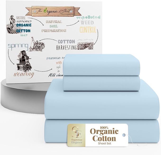SUPREME ELEGANCE 4Pc 100% Organic Cotton King Size Sheets Set, Sky Blue, Cooling Percale, Deep Pocket Fitted Sheet, Fits 16" Mattresses, Breathable Bed Sheets & Pillowcases, Crisp Bedding