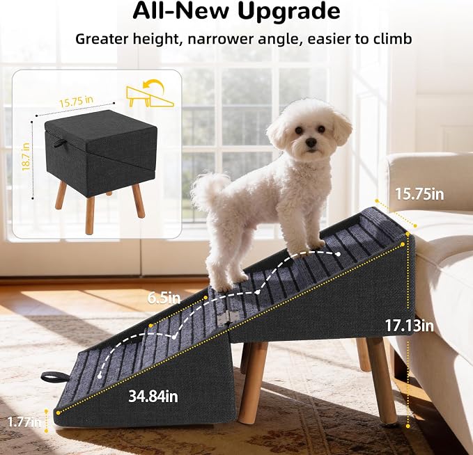 Dog ramp for Small Dogs, 2-in-1 Pet Steps & Ottoman - Foldable Dog ramp for Couch, Non-Slip Wooden Pet ramp for Puppy Senior Injured Dogs, Black, XL(17.13H)