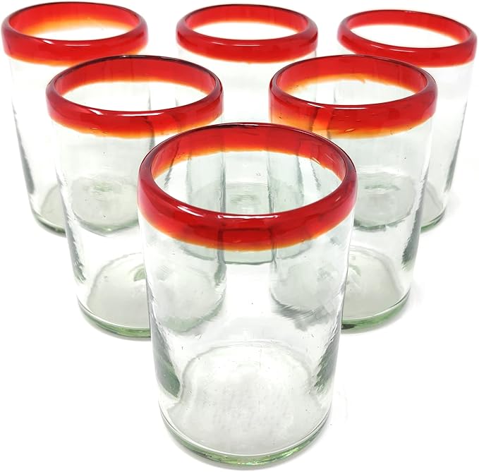 Dos Sueños Hand Blown Mexican Drinking Glasses - Set of 6 Glasses with Red Rims (14 oz each)