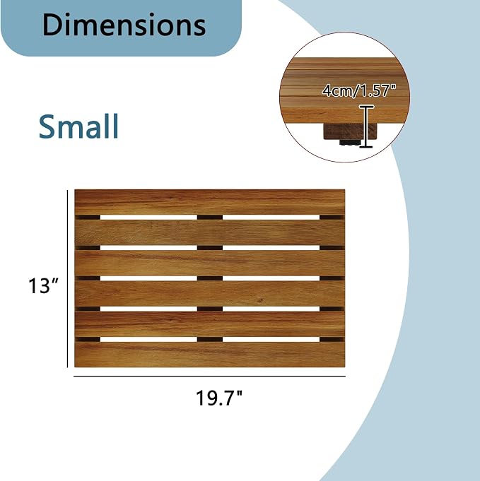 19.7"x13" Solid Acacia Wood Shower Mat, Non Slip Wooden Bath Mat, Indoor Outdoor Entryway Door Mat Multi-Purpose Plant Stand for Shower Bathtub Pool Spa Garden (Small)