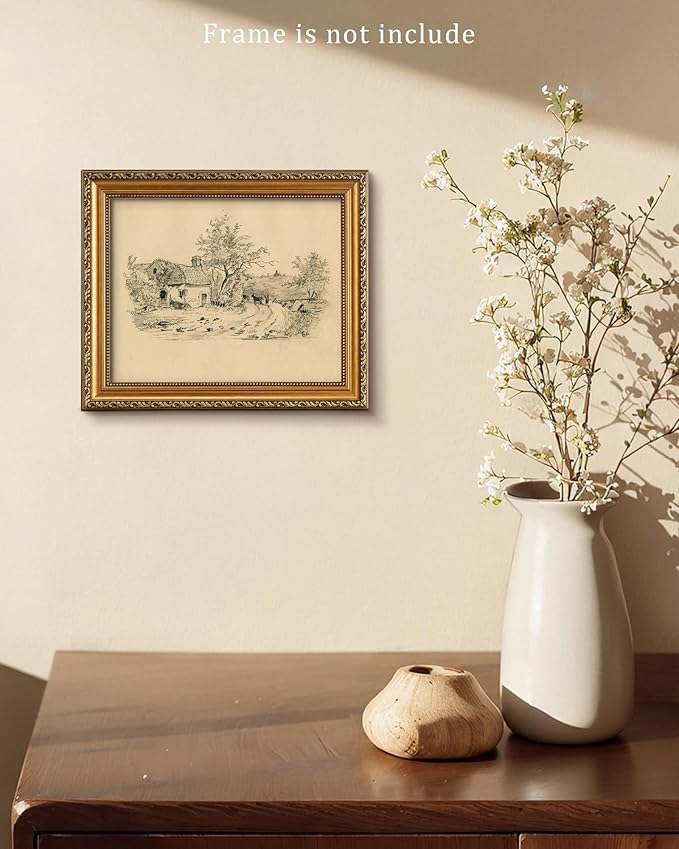 Vodefoad Sketch Cottage Retro Vintage Canvas Wall Art Rural Life Murals Vintage Neutral Wall Art for Home Decor Farmhouse Landscape Sketch Drawing Wall Decor Rustic Nature Canvas Prints Antique Neutral Landscape Oil Painting Vintage Art Pictures for Be...
