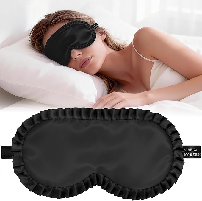 Silk Sleep Mask for Women, 100% Mulberry Silk Eye Mask, All-Silk Filled, Adjustable Elastic Strap with Elegant Wave Trim, Blackout Soft Eye Cover, Travel & Gift (Black)