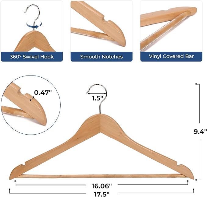 JS Hanger Wooden Coat Hangers, 20 Pack High Grade 17.5 Inch Wood Suit Hangers with Non Slip Pant Bar - Extra Smooth and Splinter Free Natural Finish Wooden Suit Hangers for Closet Organization