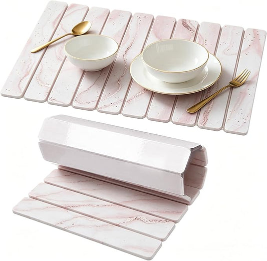 Stone Drying Mat for Kitchen Counter, Quick Diatomaceous Earth Mats for Dishes, 24"L x 16" W Super Absorbent Fast-Drying Collapsible Countertop Stone Mat (Marble White-07, 24" x 16")