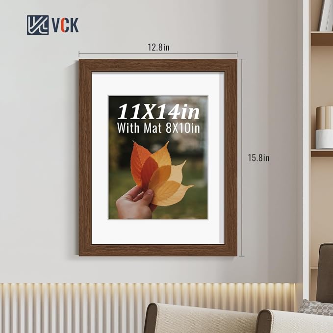 VCK 11x14 Picture Frames Brown 3 Pack, Wide Border Wood, Tempered Glass, Display 8x10 Photo with Mat or 11 x 14 without, for Home, Office, Gallery, Woodgrain Series, Wall Hanging