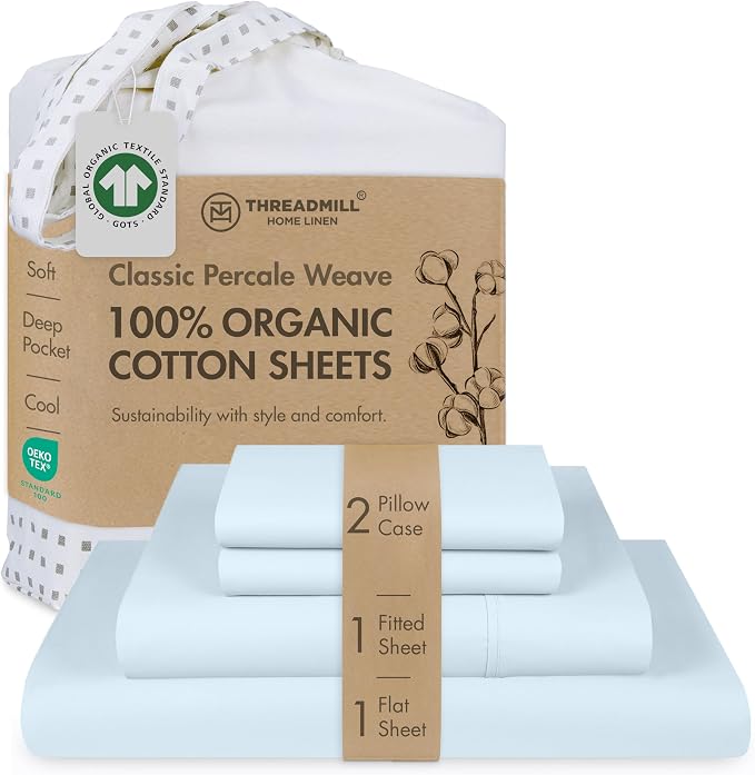 Threadmill 100% Organic Cotton Sheets - Queen, 4 Piece, Light Blue - Certified by GOTS - Soft and Cooling Bedsheet Set with Reusable Bag, Snug Fit with 16" Deep Pocket - Ultra Light