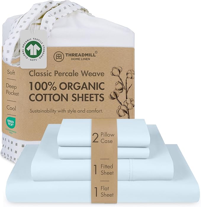 Threadmill Premium Organic Cotton Sheets - GOTS Certified - California King, 4 Piece, Light Blue - Healthy Bedding for All Types of Skin - Soft and Cool Bedset with Snug Fit for 16" Deep Pocket