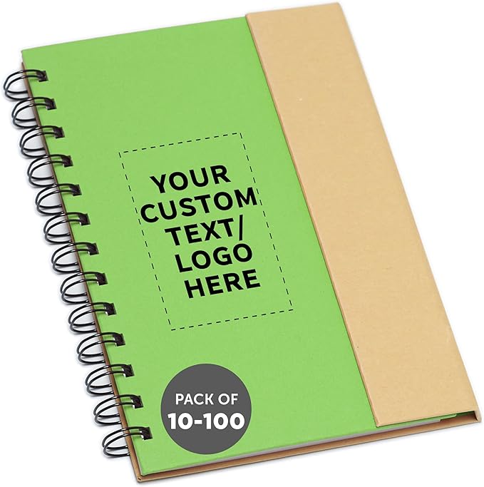 DISCOUNT PROMOS Custom Eco Friendly Spiral Notebooks with Pens Set of 10/50/100, Personalized Bulk Pack - Perfect for School, Office, Home - Green