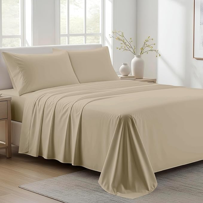 100% Organic Cotton Sheets Queen Size - Organic Cotton Queen Size Percale Weave Sheet Set (4 PC, Taupe), Soft, Cooling, Crisp & Breathable, 16" Deep Pocket Hotel Quality Bedding Set